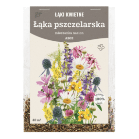 przezroczyste opakowanie nasion, na etykiecie kwiaty i napis: ŁĄKA PSZCZELARSKA