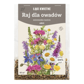 przezroczyste opakowanie nasion, na etykiecie kwiaty i napis: RAJ DLA OWADÓW