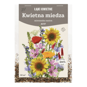 przezroczyste opakowanie nasion, na etykiecie kwiaty i napis: KWIETNA MIEDZA