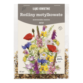 przezroczyste opakowanie nasion, na etykiecie kwiaty i napis: ROŚLINY MOTYLKOWATE