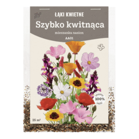przezroczyste opakowanie nasion, na etykiecie kwiaty i napis: SZYBKO KWITNĄCA
