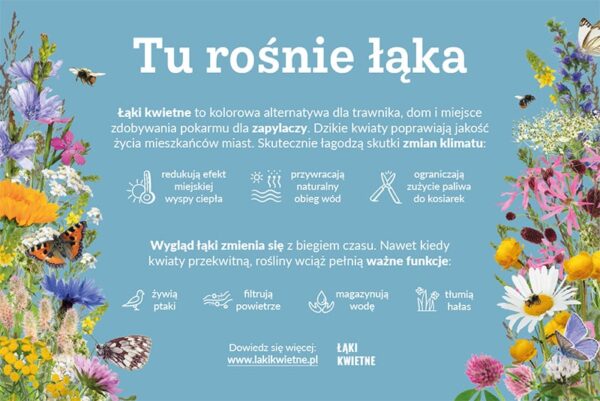 tablica informacyjna z napisem TU ROŚNIE ŁĄKA