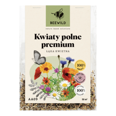 przezroczyste opakowanie nasion, na etykiecie kwiaty i napis: KWIATY POLNE PREMIUM