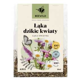 przezroczyste opakowanie nasion, na etykiecie kwiaty i napis: ŁĄKA DZIKIE KWIATY