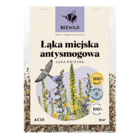 przezroczyste opakowanie nasion, na etykiecie kwiaty i napis: ŁĄKA MIEJSKA ANTYSMOGOWA