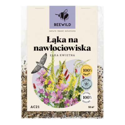przezroczyste opakowanie nasion, na etykiecie kwiaty i napis: ŁĄKA NA NAWŁOCIOWISKA