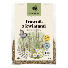 przezroczyste opakowanie nasion, na etykiecie kwiaty i napis: TRAWNIK Z KWIATAMI