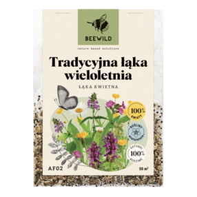przezroczyste opakowanie nasion, na etykiecie kwiaty i napis: TRADYCYJNA ŁĄKA WIELOLETNIA