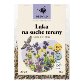 przezroczyste opakowanie nasion, na etykiecie kwiaty i napis: ŁĄKA NA SUCHE TERENY