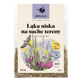 przezroczyste opakowanie nasion, na etykiecie kwiaty i napis: ŁĄKA NISKA NA SUCHE TERENY
