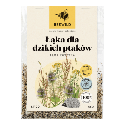 przezroczyste opakowanie nasion, na etykiecie kwiaty i napis: ŁĄKA DLA DZIKICH PTAKÓW