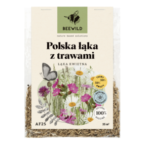 przezroczyste opakowanie nasion, na etykiecie kwiaty i napis: POLSKA ŁĄKA Z TRAWAMI