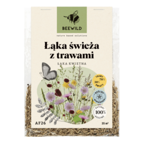 przezroczyste opakowanie nasion, na etykiecie kwiaty i napis: ŁĄKA ŚWIEŻA Z TRAWAMI