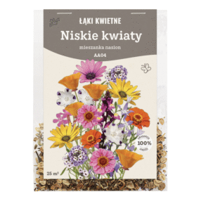 przezroczyste opakowanie nasion, na etykiecie kwiaty i napis: NISKIE KWIATY