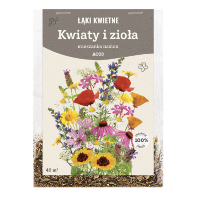 przezroczyste opakowanie nasion, na etykiecie kwiaty i napis: KWIATY I ZIOŁA