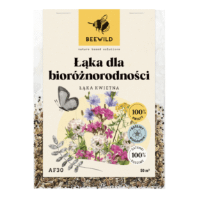 przezroczyste opakowanie nasion, na etykiecie kwiaty i napis: ŁĄKA DLA BIORÓŻNORODNOŚCI