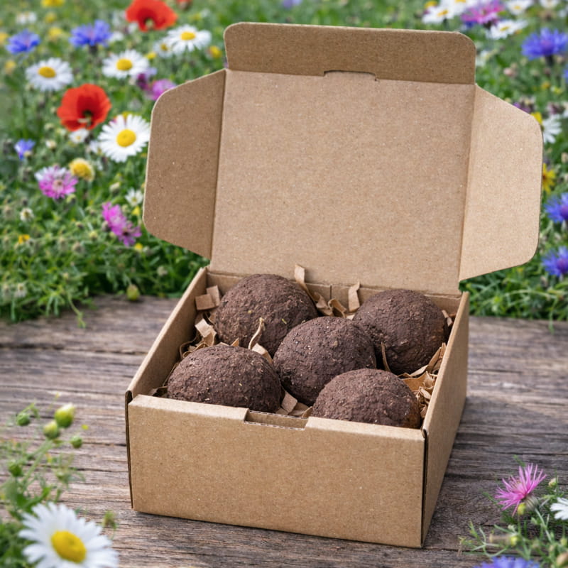 Kartonik z kulami kwietnymi na tle łąki