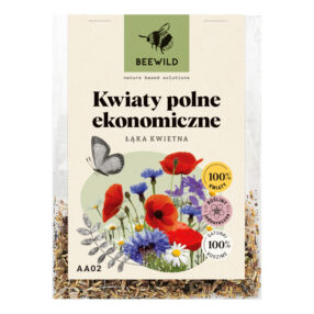 przezroczyste opakowanie nasion, na etykiecie kwiaty i napis: KWIATY POLNE EKONOMICZNE