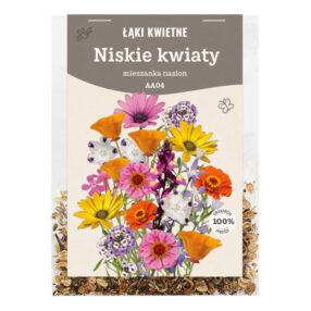 przezroczyste opakowanie nasion, na etykiecie kwiaty i napis: NISKIE KWIATY