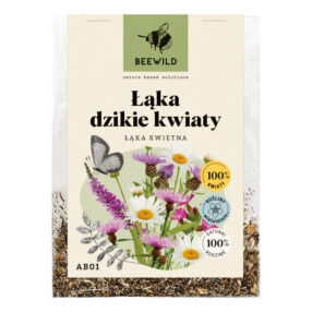 przezroczyste opakowanie nasion, na etykiecie kwiaty i napis: ŁĄKA DZIKIE KWIATY