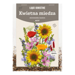 przezroczyste opakowanie nasion, na etykiecie kwiaty i napis: KWIETNA MIEDZA