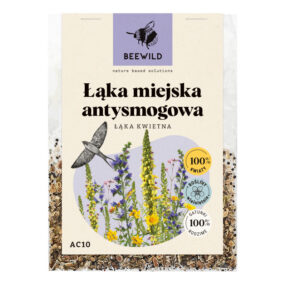 przezroczyste opakowanie nasion, na etykiecie kwiaty i napis: ŁĄKA MIEJSKA ANTYSMOGOWA