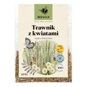 przezroczyste opakowanie nasion, na etykiecie kwiaty i napis: TRAWNIK Z KWIATAMI