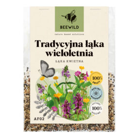 przezroczyste opakowanie nasion, na etykiecie kwiaty i napis: TRADYCYJNA ŁĄKA WIELOLETNIA