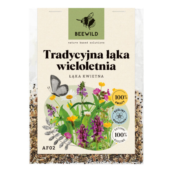 przezroczyste opakowanie nasion, na etykiecie kwiaty i napis: TRADYCYJNA ŁĄKA WIELOLETNIA