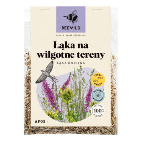 przezroczyste opakowanie nasion, na etykiecie kwiaty i napis: ŁĄKA NA WILGOTNE TERENY