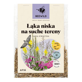 przezroczyste opakowanie nasion, na etykiecie kwiaty i napis: ŁĄKA NISKA NA SUCHE TERENY