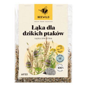 przezroczyste opakowanie nasion, na etykiecie kwiaty i napis: ŁĄKA DLA DZIKICH PTAKÓW