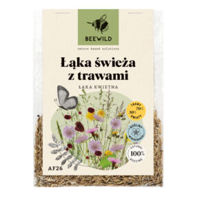 przezroczyste opakowanie nasion, na etykiecie kwiaty i napis: ŁĄKA ŚWIEŻA Z TRAWAMI