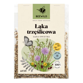 przezroczyste opakowanie nasion, na etykiecie kwiaty i napis: ŁĄKA TRZĘŚLICOWA