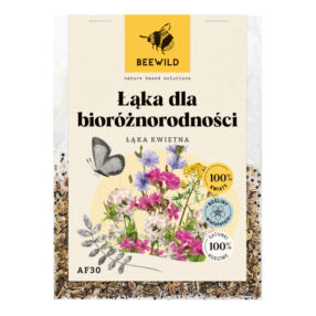 przezroczyste opakowanie nasion, na etykiecie kwiaty i napis: ŁĄKA DLA BIORÓŻNORODNOŚCI
