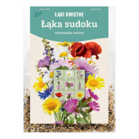 przezroczyste opakowanie nasion, na etykiecie kwiaty i napis: ŁĄKA SUDOKU