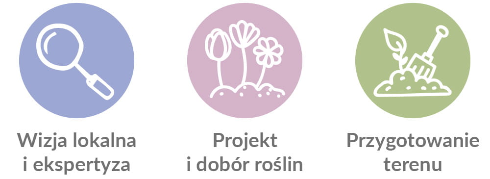 Wizja lokalna i ekspertyza, projekt i dobór roślin, przygotowanie terenu